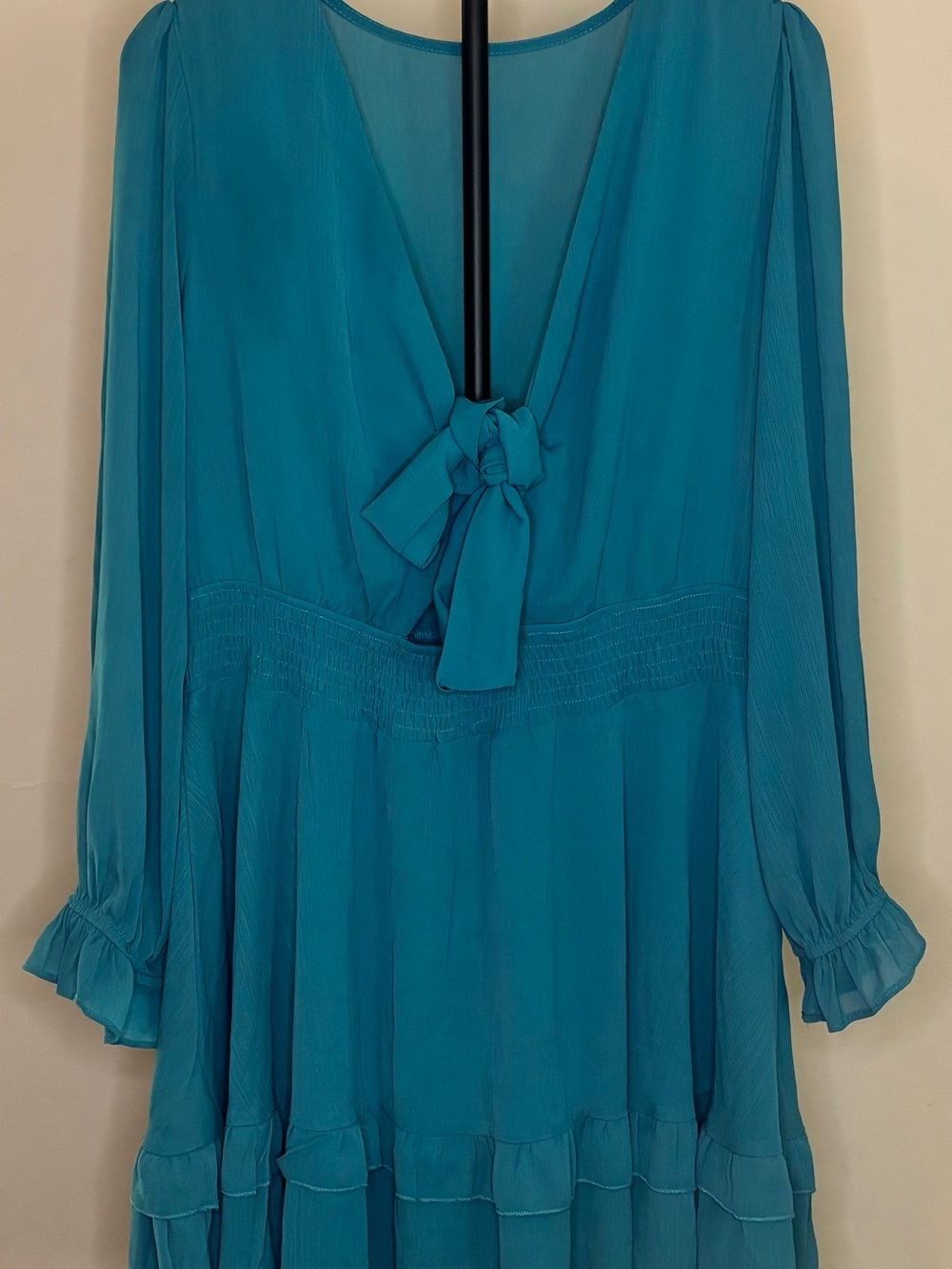 Teal Long-Sleeve Tie-Front Ruffle Mini Dress - Picture 2 of 5